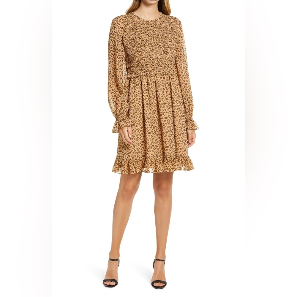 Nordstrom - Rachel Parcell Smocked Ruffle Dress - Size:S - Color:Tan Animal F…